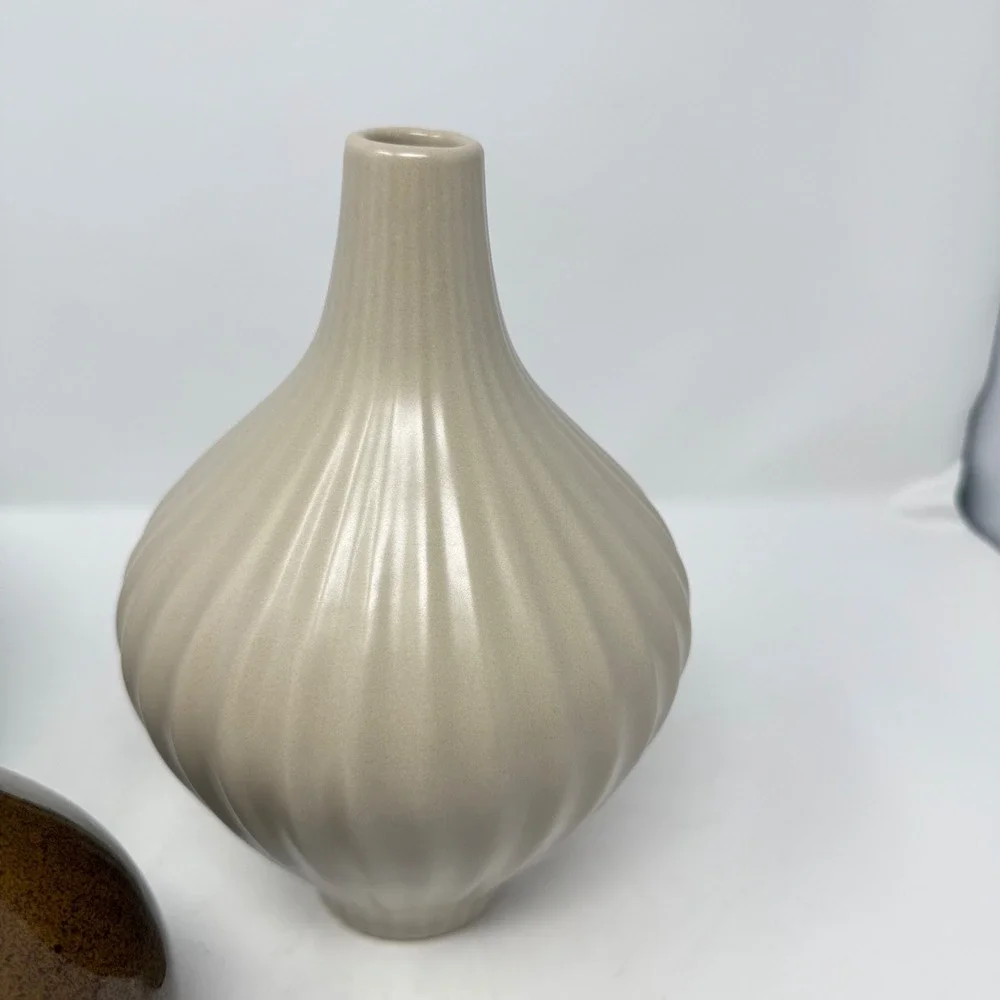 Ceramic Bud Vase Set 3 Blue Tan Brown Pottery Neutral MCM Minimalist Boho Decor